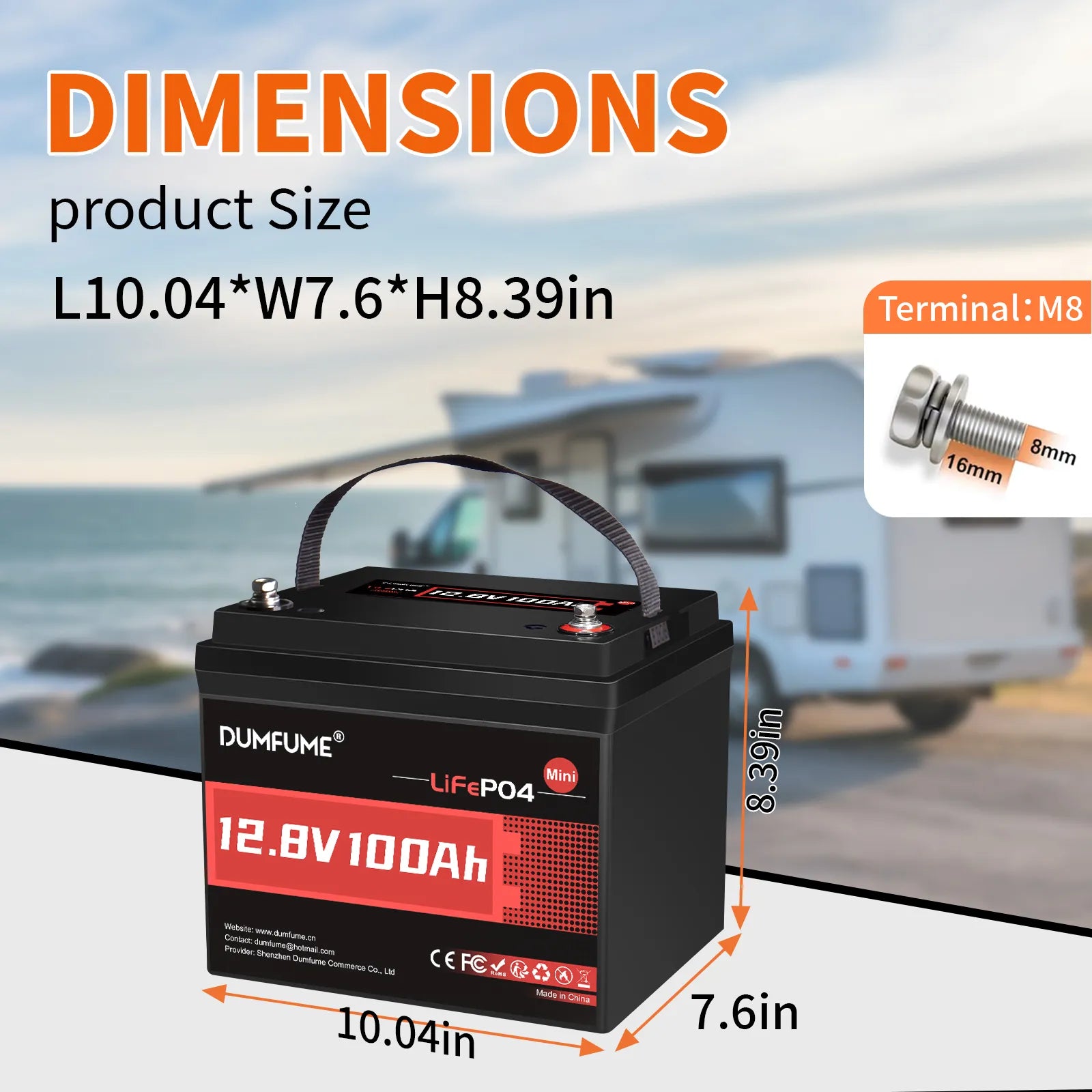 Dumfume 12V 100Ah Mini  Max Deep Cycle Rechargeable LiFePO4 Battery for RV Camping Solar Off-Grid