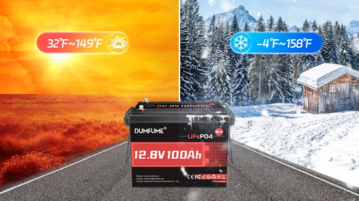 Dumfume 12V 100Ah LiFePO4 Batteries Heat & Cold Resistant