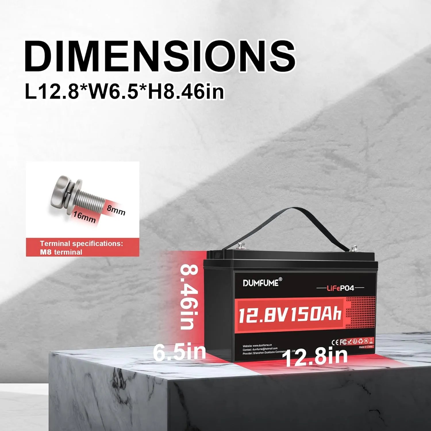 Dumfume 12V 150Ah Deep Cycle Rechargeable LiFePO4 Battery for RV Solar Marine Solar Panel Camping