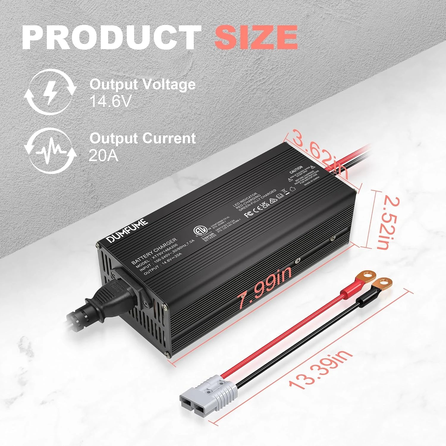 Dumfume 14.6V 20A LiFePO4 Battery Charger Fast & Safe Charging for 12V Lithium Iron Phosphate Batteries