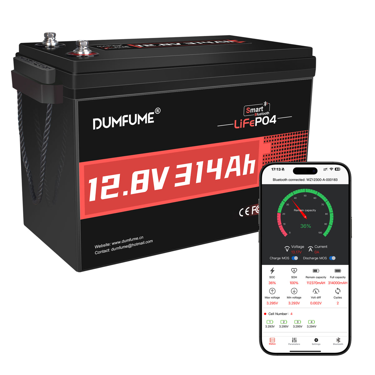 Dumfume 12V 314Ah Deep Cycle Rechargeable LiFePO4 Battery for RV, Solar Marine, Solar Panel, Camping
