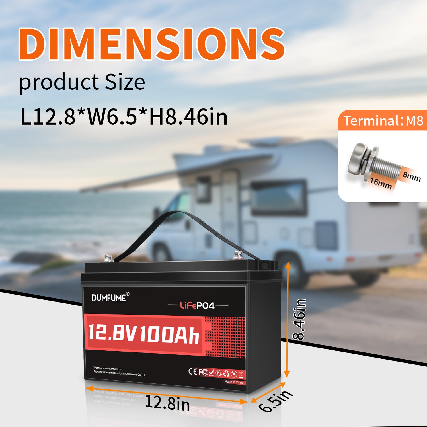 Dumfume  12V 100Ah Deep Cycle Rechargeable LiFePO4 Battery for RV Camping Solar Off-Grid