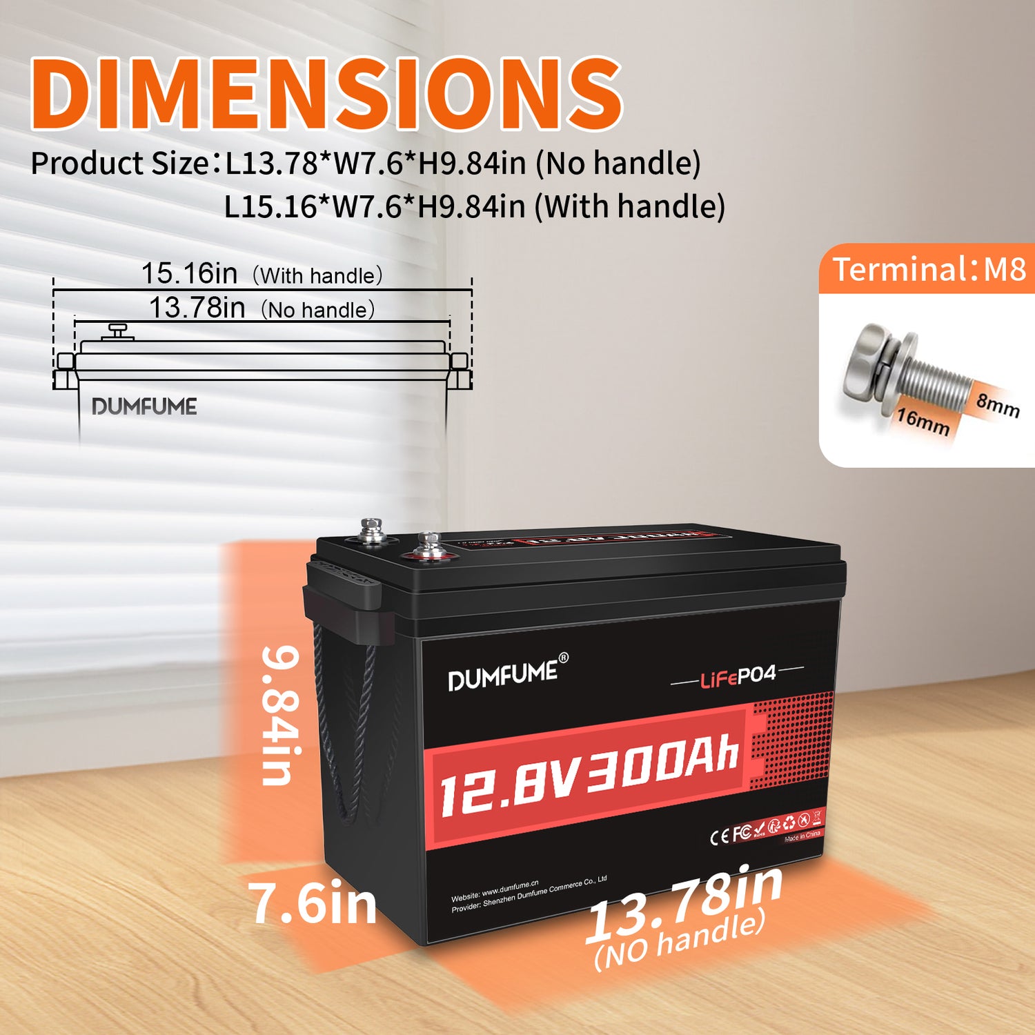 Dumfume 12V 300Ah Deep Cycle Rechargeable LiFePO4 Battery for RV, Solar Marine, Solar Panel, Camping