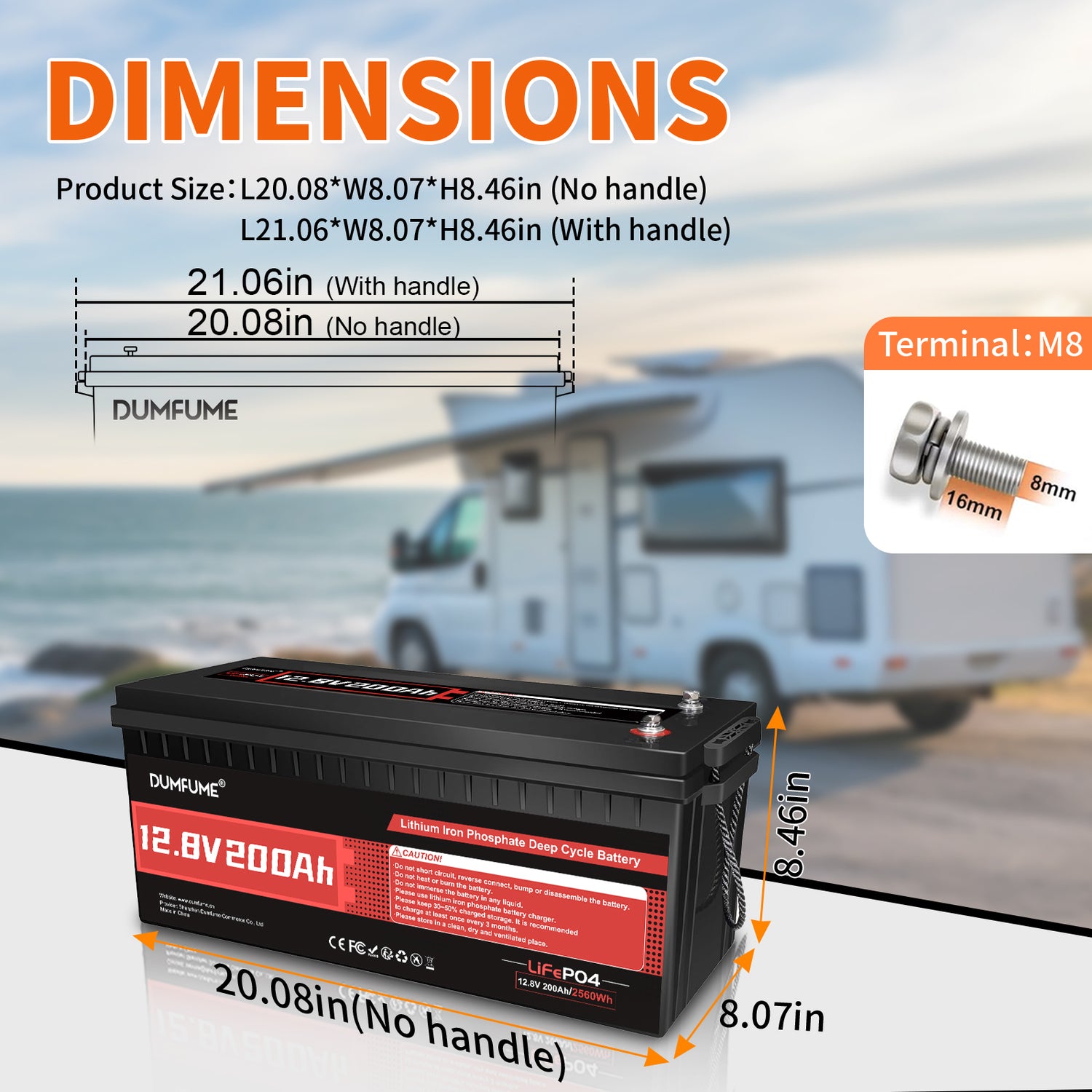 Dumfume 12V 200Ah Deep Cycle Rechargeable LiFePO4 Battery for RV Solar Marine Solar Panel Camping