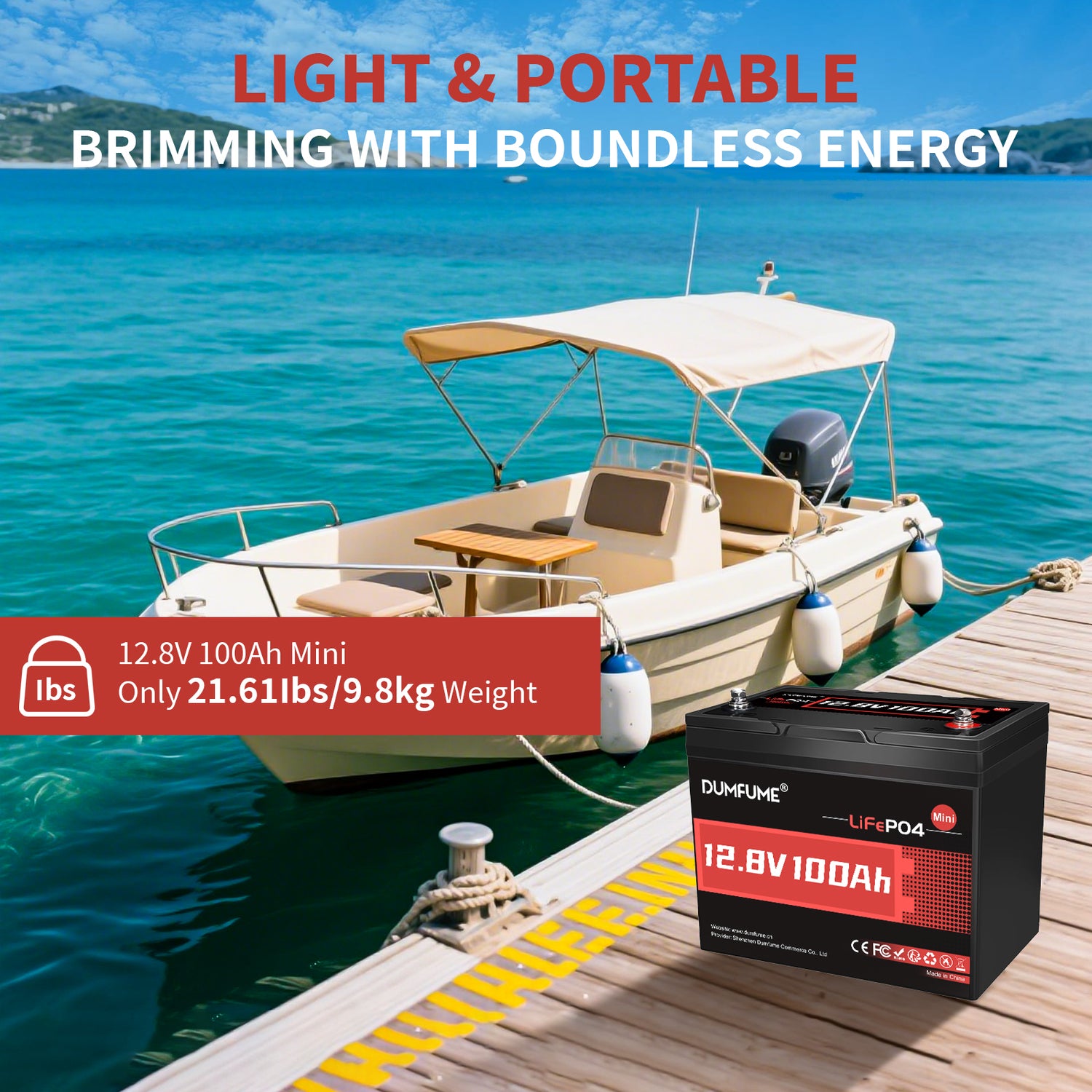 DUFEWE battery on a dock with a boat in the background and text highlighting lightness and portability.