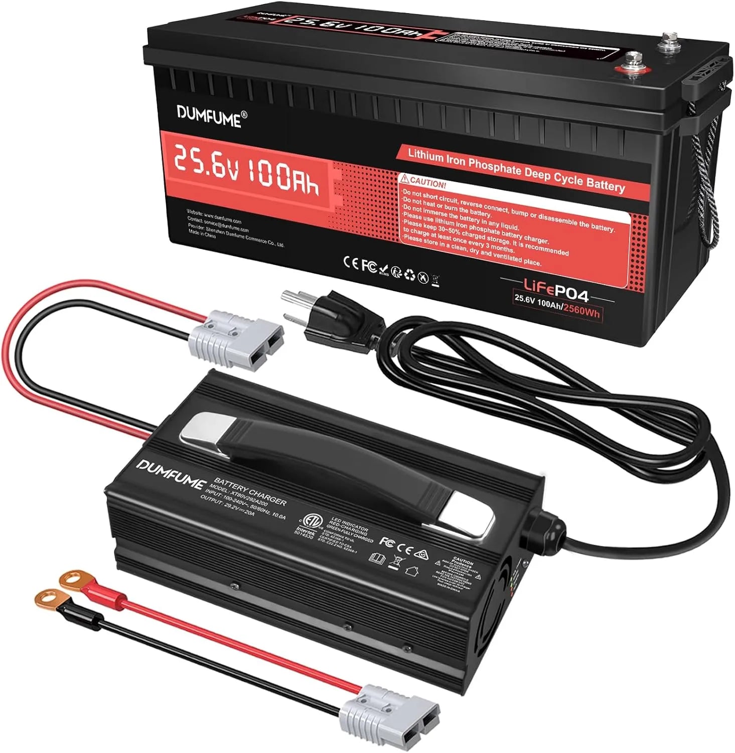 25.6V 100Ah LiFePO4 Battery + 29.2V 20A Charger Combo | 2.5-Hour Fast Charge | 15000 Cycles | 2560W Continuous Output