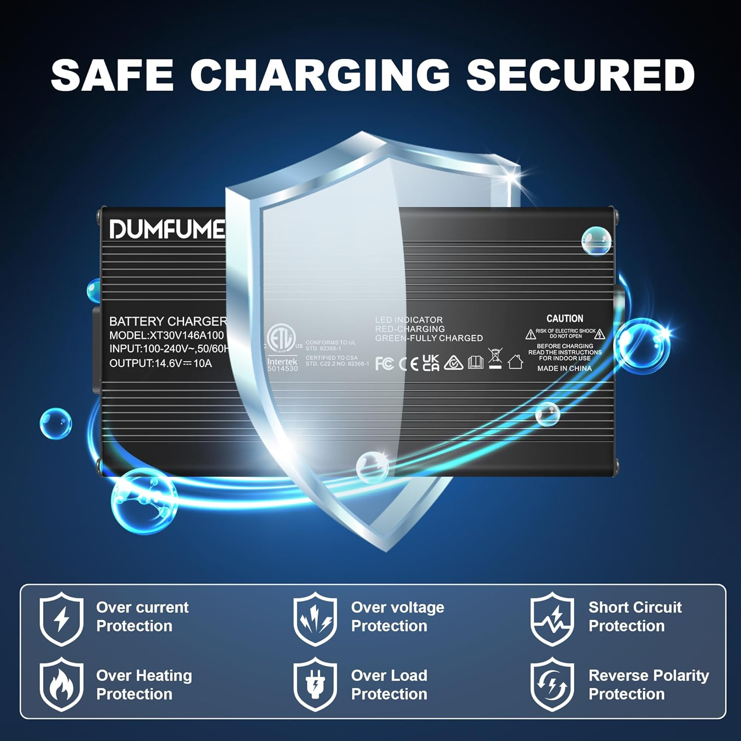 Dumfume 14.6V 10A LiFePO4 Battery Charger Fast & Safe Charging for 12V Lithium Iron Phosphate Batteries