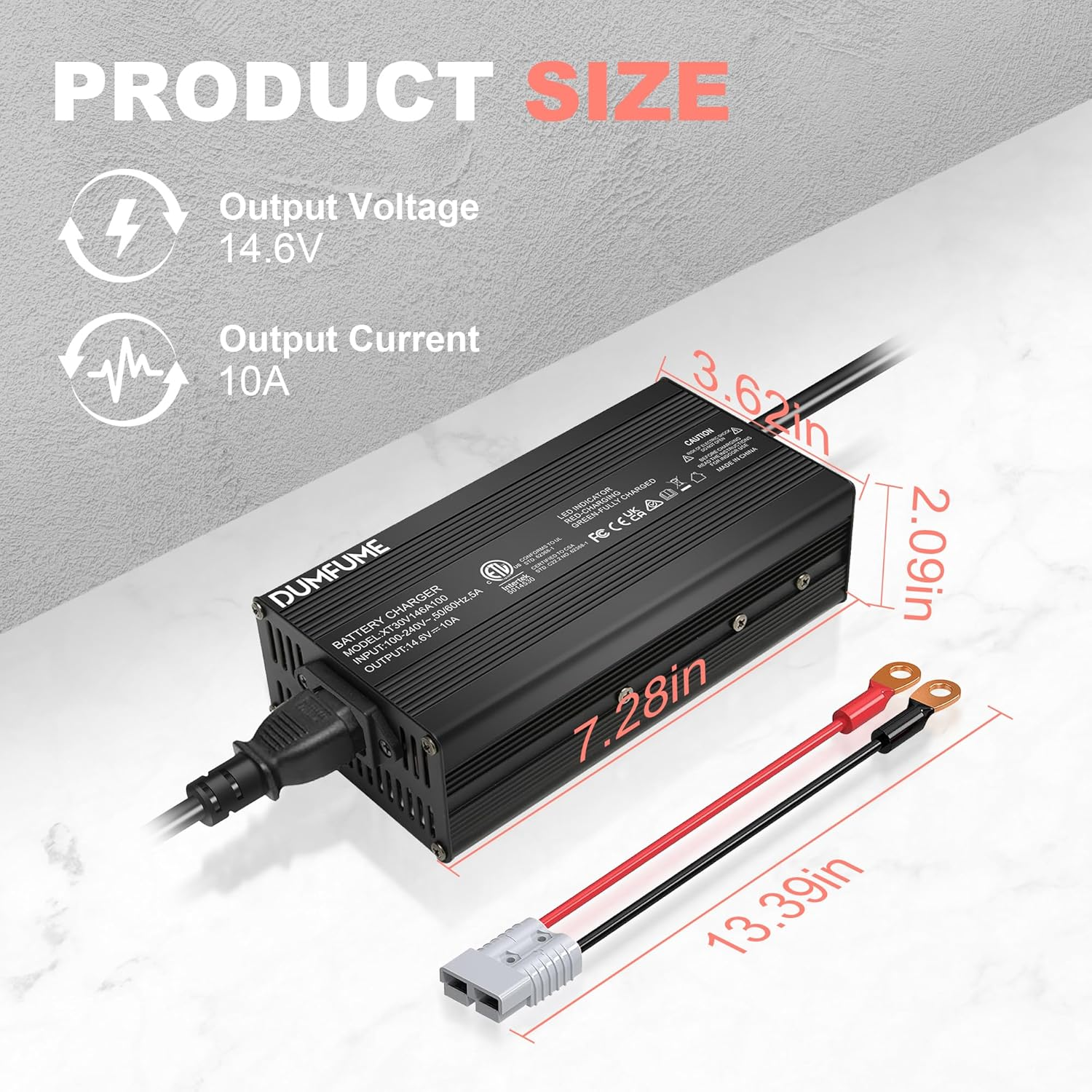 Dumfume 14.6V 10A LiFePO4 Battery Charger Fast & Safe Charging for 12V Lithium Iron Phosphate Batteries