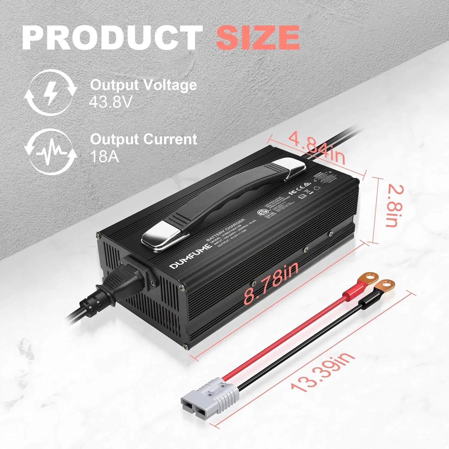 Dumfume High-Efficiency 38.4V LiFePO4 Battery Charger 43.8V 18A with Anderson Connector & Full Protection