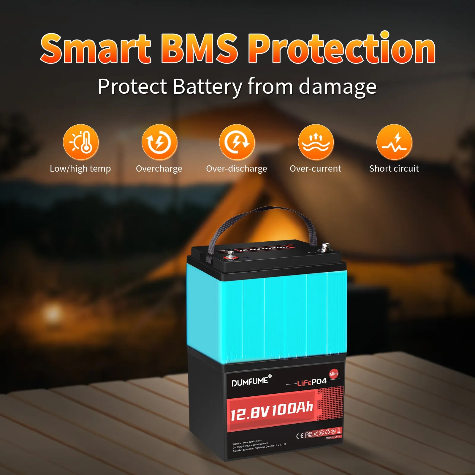 Dumfume 12V 100Ah Mini  Max Deep Cycle Rechargeable LiFePO4 Battery for RV Camping Solar Off-Grid