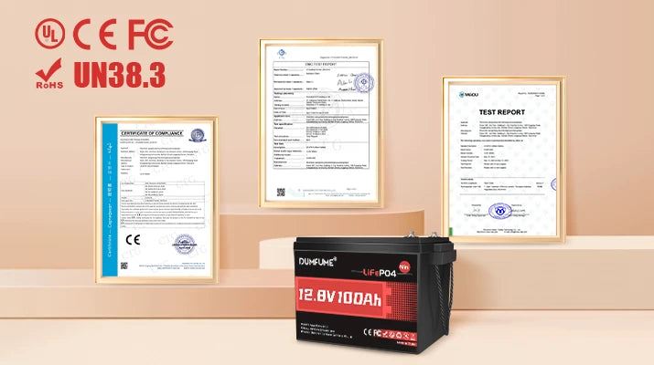 Dumfume 12V 100Ah, Tested to meet strict global standards with UL, CE, FCC, UN38.3, and RoHS certifications — guaranteeing proven safety and long-lasting reliability.